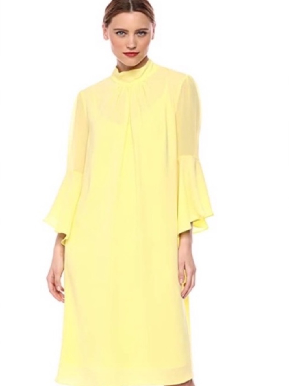 BCBGMAXAZRIA Light Yellow Tie-Neck Ruffle Long Sleeve Dress